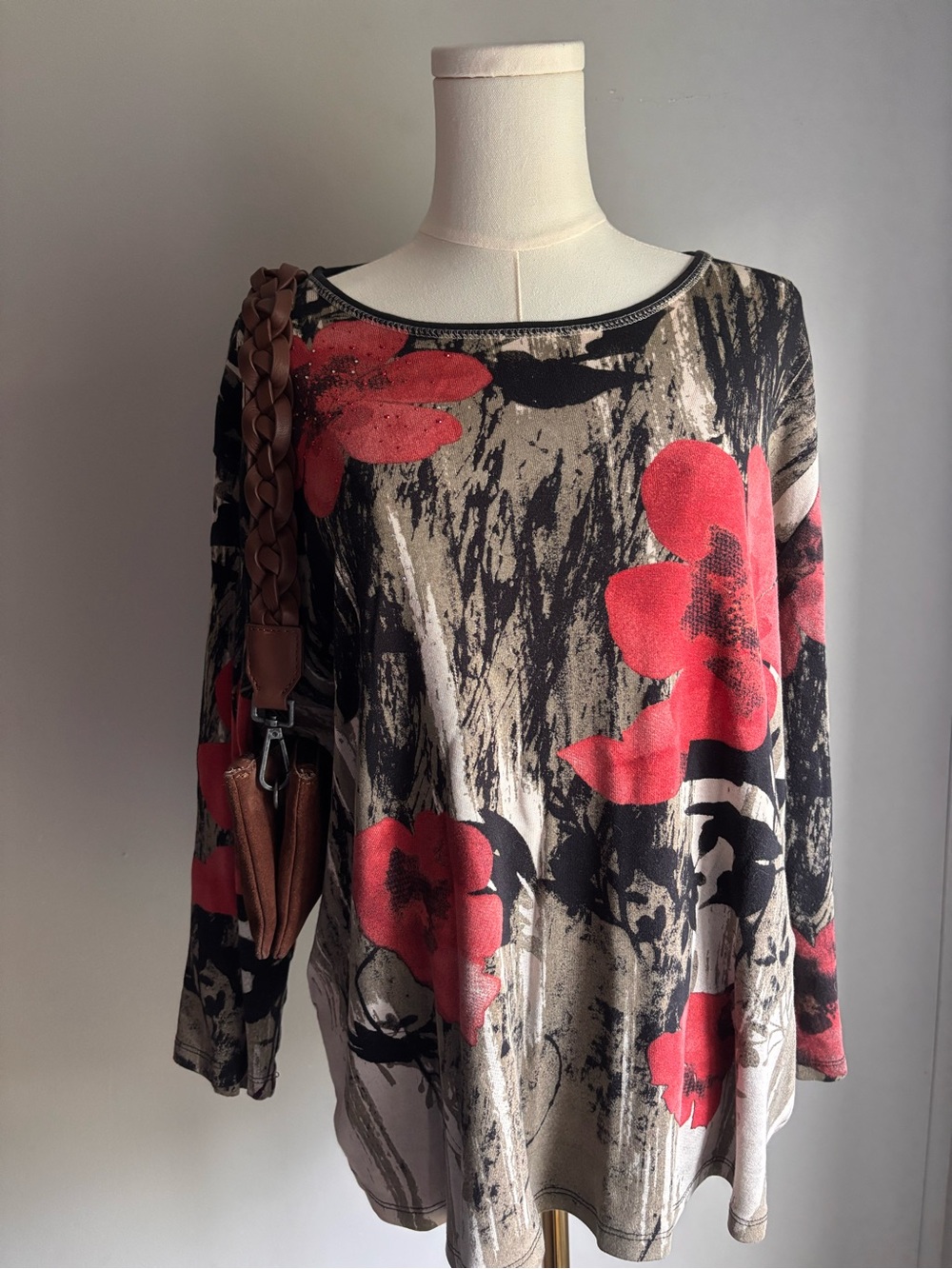 Jess & Jane Floral Print Red & Tan Long Sleeve Top